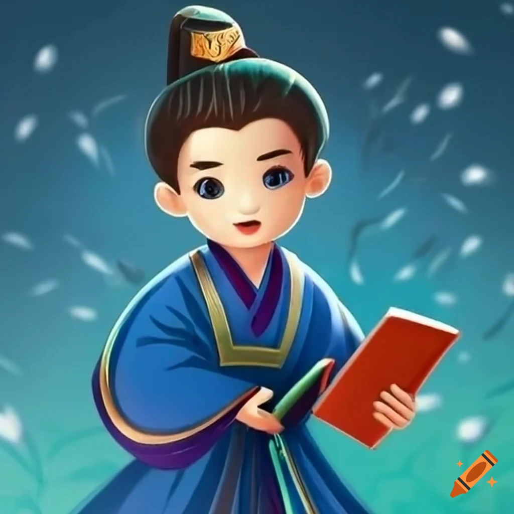 cartoon illustration of a boy in a blue robe with a book