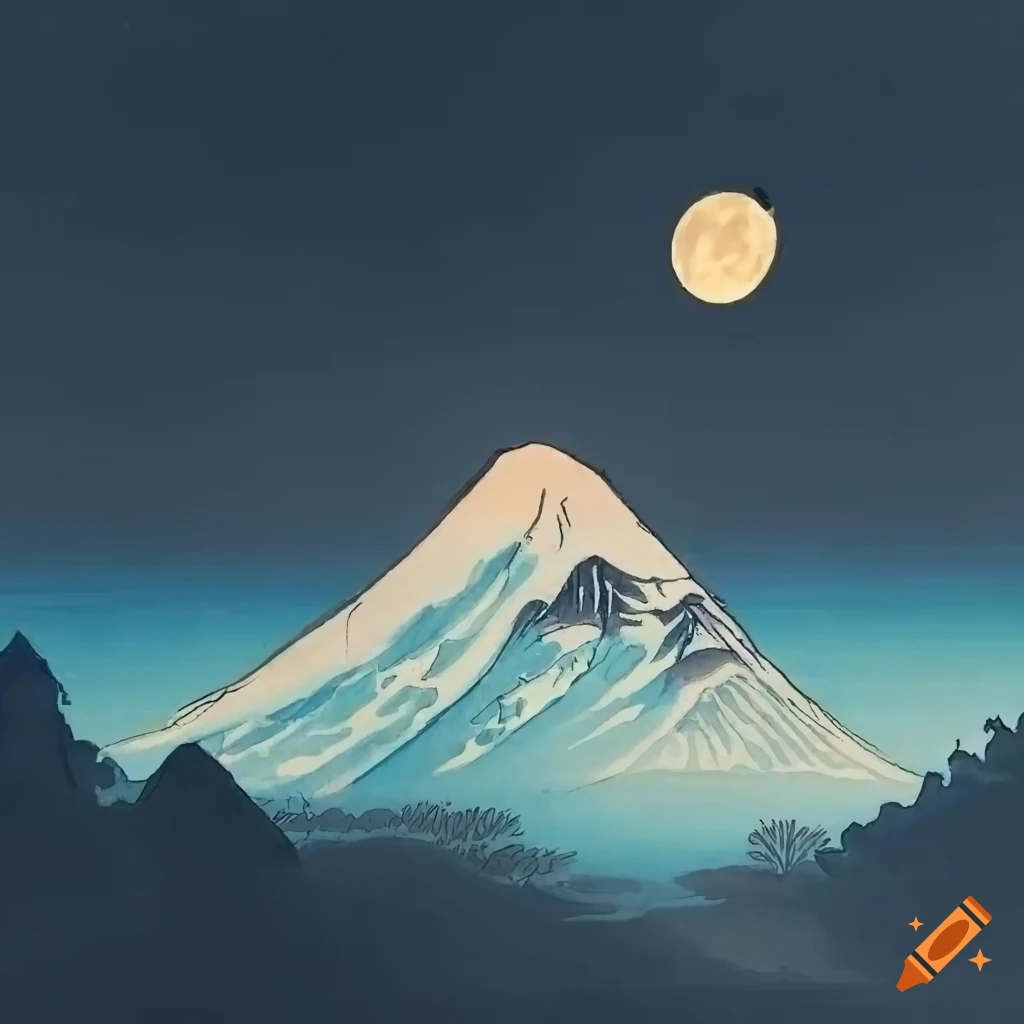 Japanese-style painting of distant mountains and a full moon