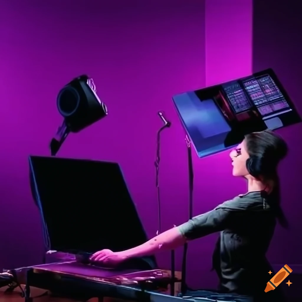 artist working in a violet recording studio