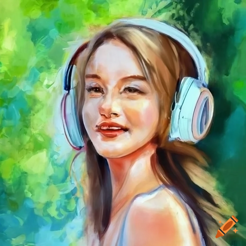 painting of a woman with headphones walking in a park