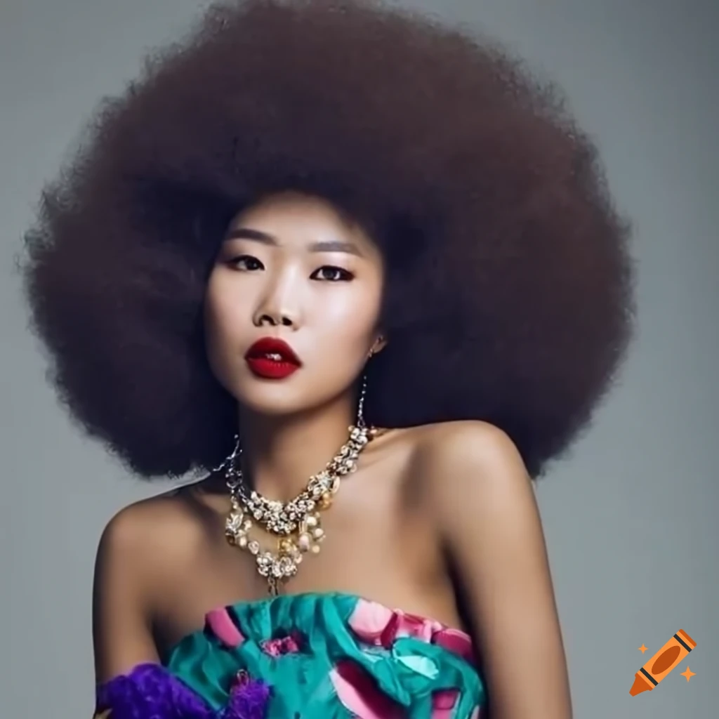 Chinese woman with afro hair in braided ponytail and ornaments