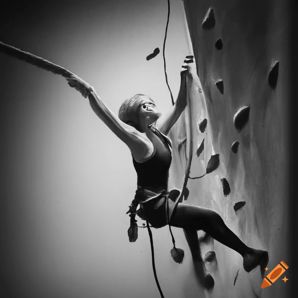 charcoal drawing of a 50-year-old woman climbing a rock wall