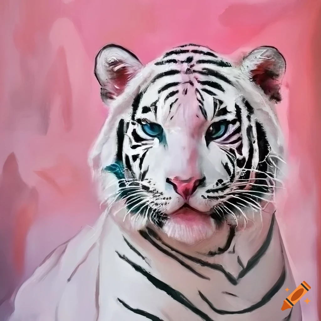 painting of a white tiger on pink water
