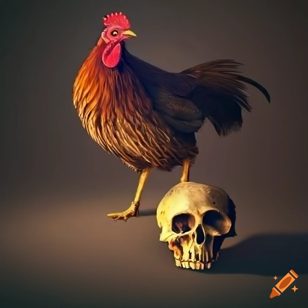 crayon art of a chicken on a skull