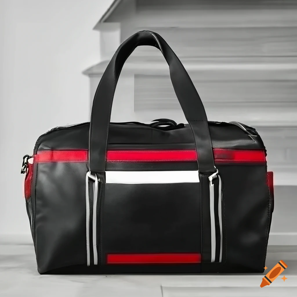 modern black, white, and red leather duffle bag