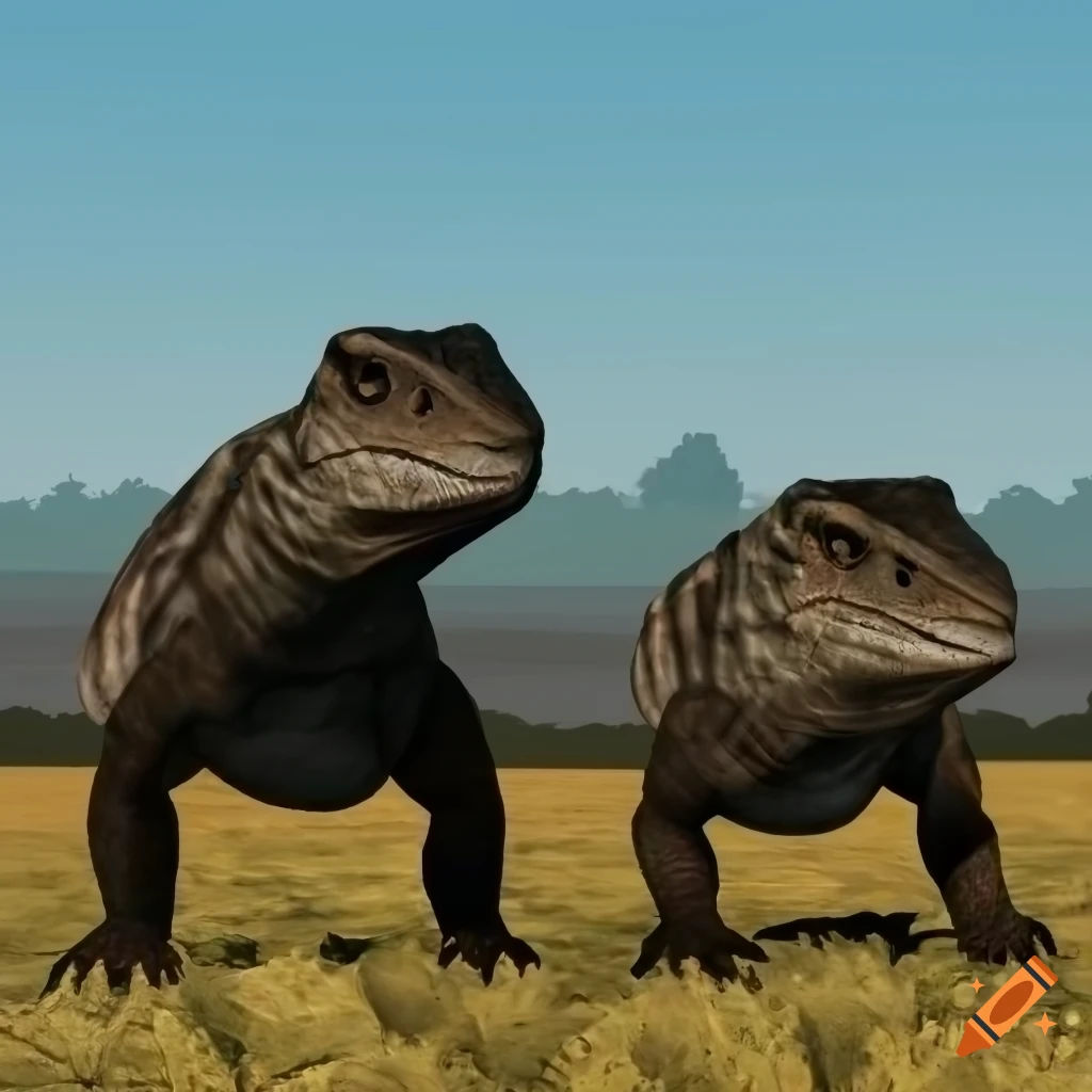 frontal view of two iguanodon-dinosaurs with detailed skin texture