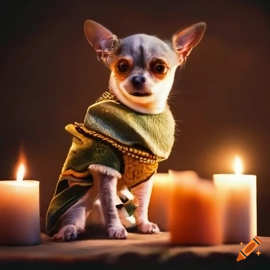 Chihuahua and cat dressed in Celtic clothing sitting by candle light