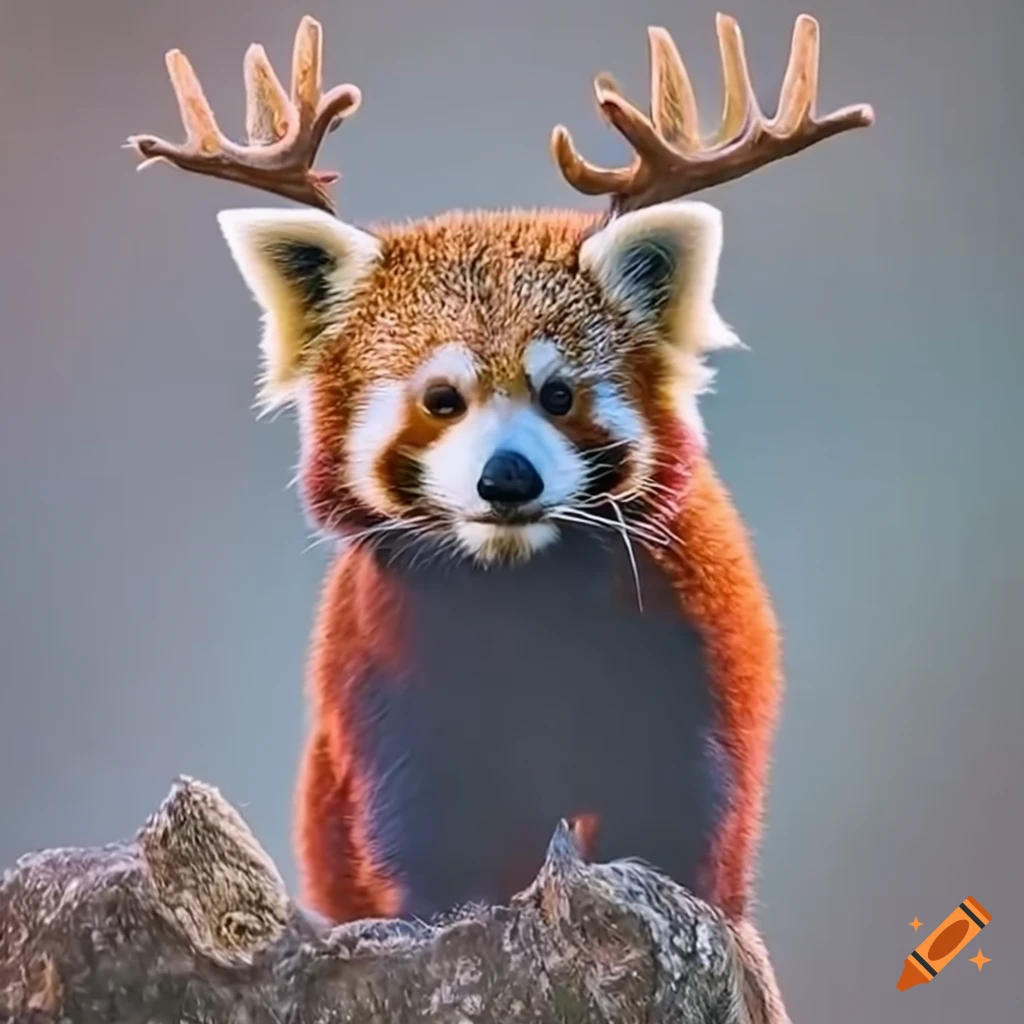 red panda with antlers in mountain scenery