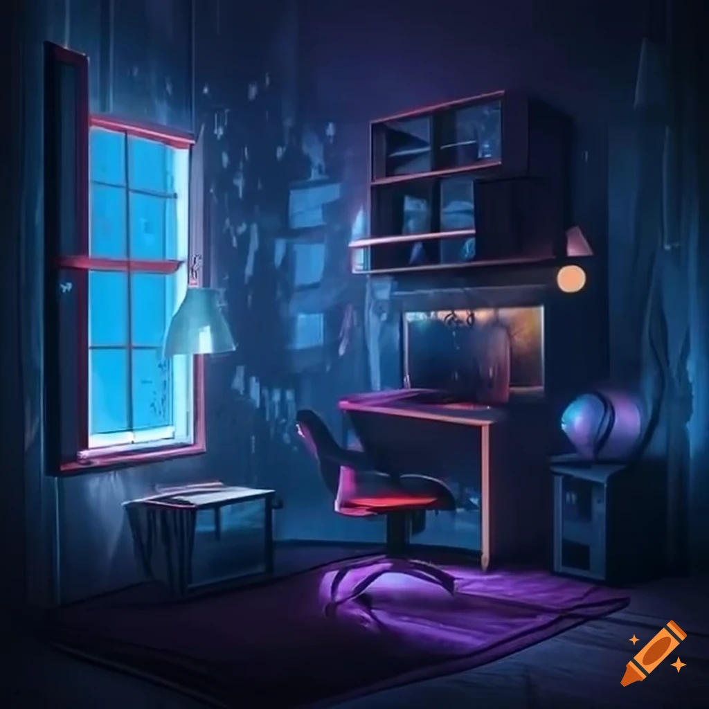 cozy bedroom with gaming setup and rainy night view