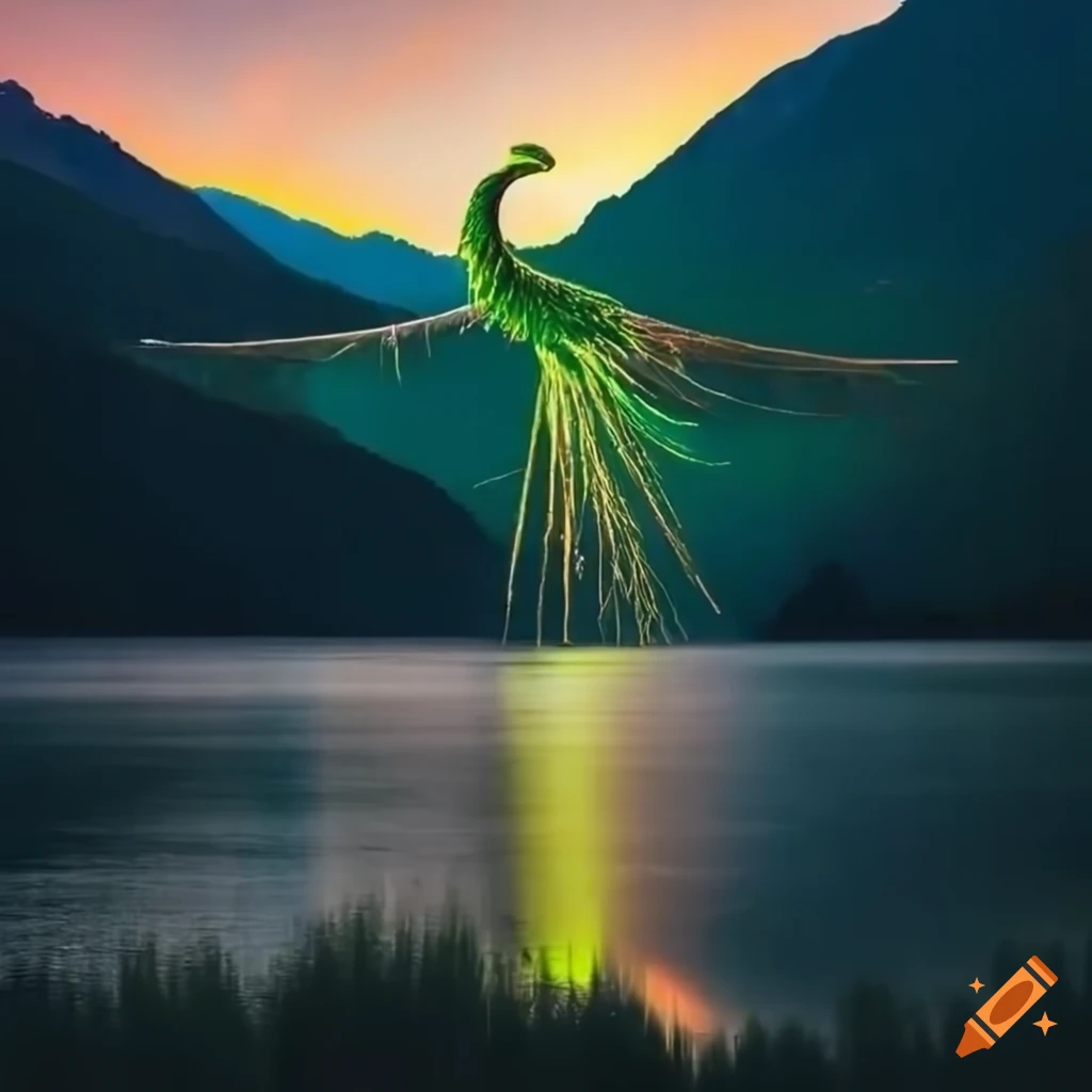 Image of a majestic green phoenix rising from a lake at sunrise on Craiyon