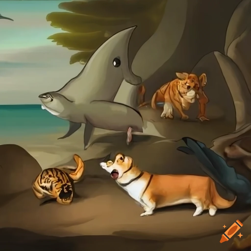 corgi riding a shark and a dolphin