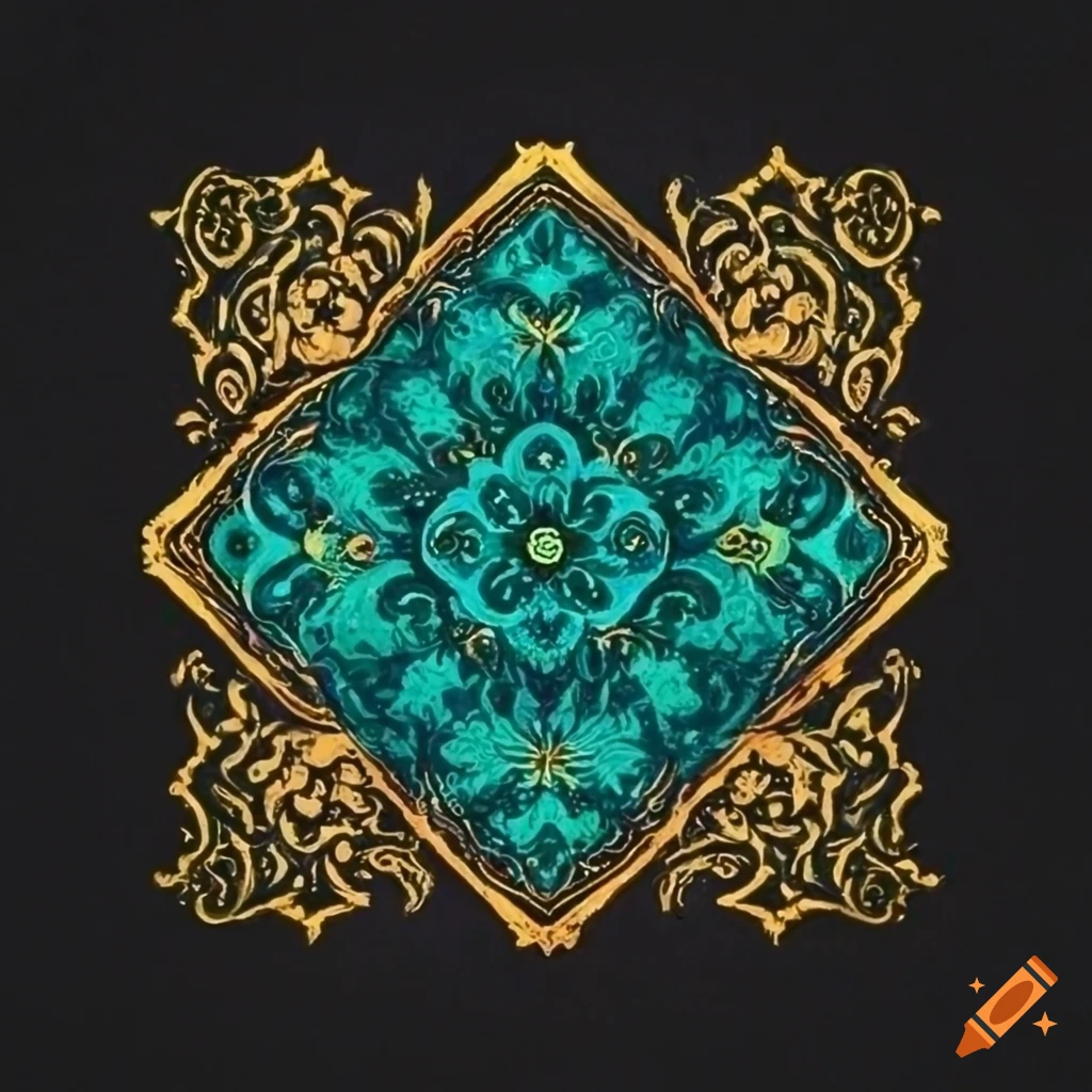 dark blue-green Persian art with gold details