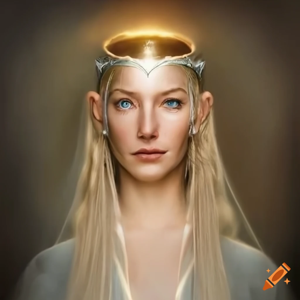 photorealistic portrait of Galadriel with magic ring