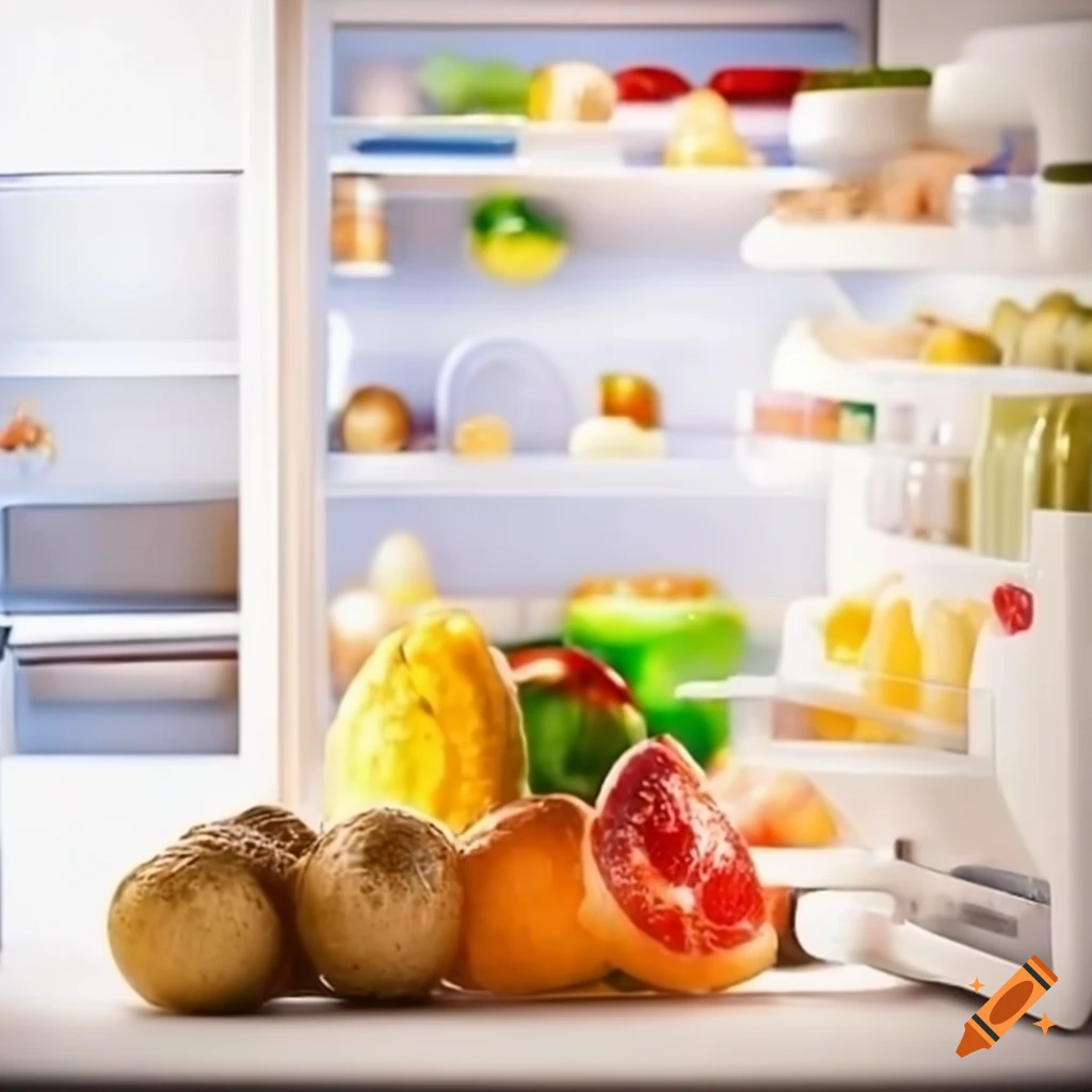 table with food and refrigerator in the background