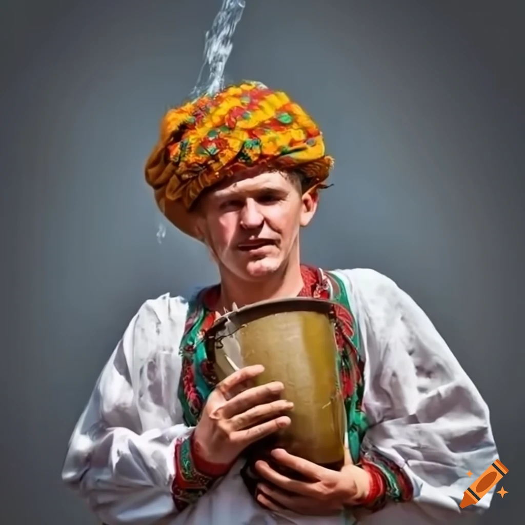 man in Romanian costume with flowing water from a bucket