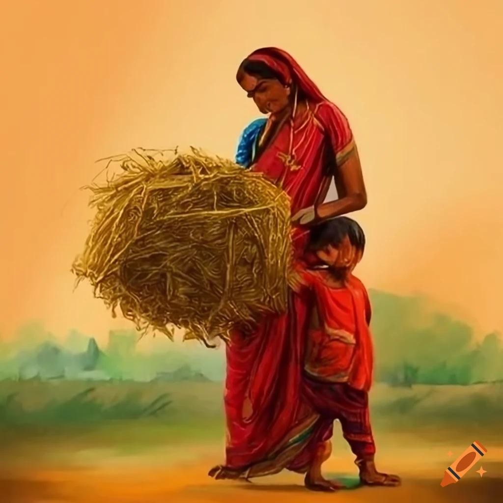 oil painting of an Indian mother and child carrying hay