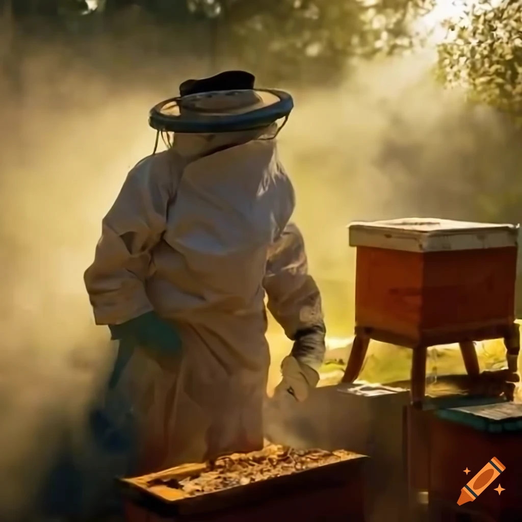 romantic scene of beekeepers near bee hives