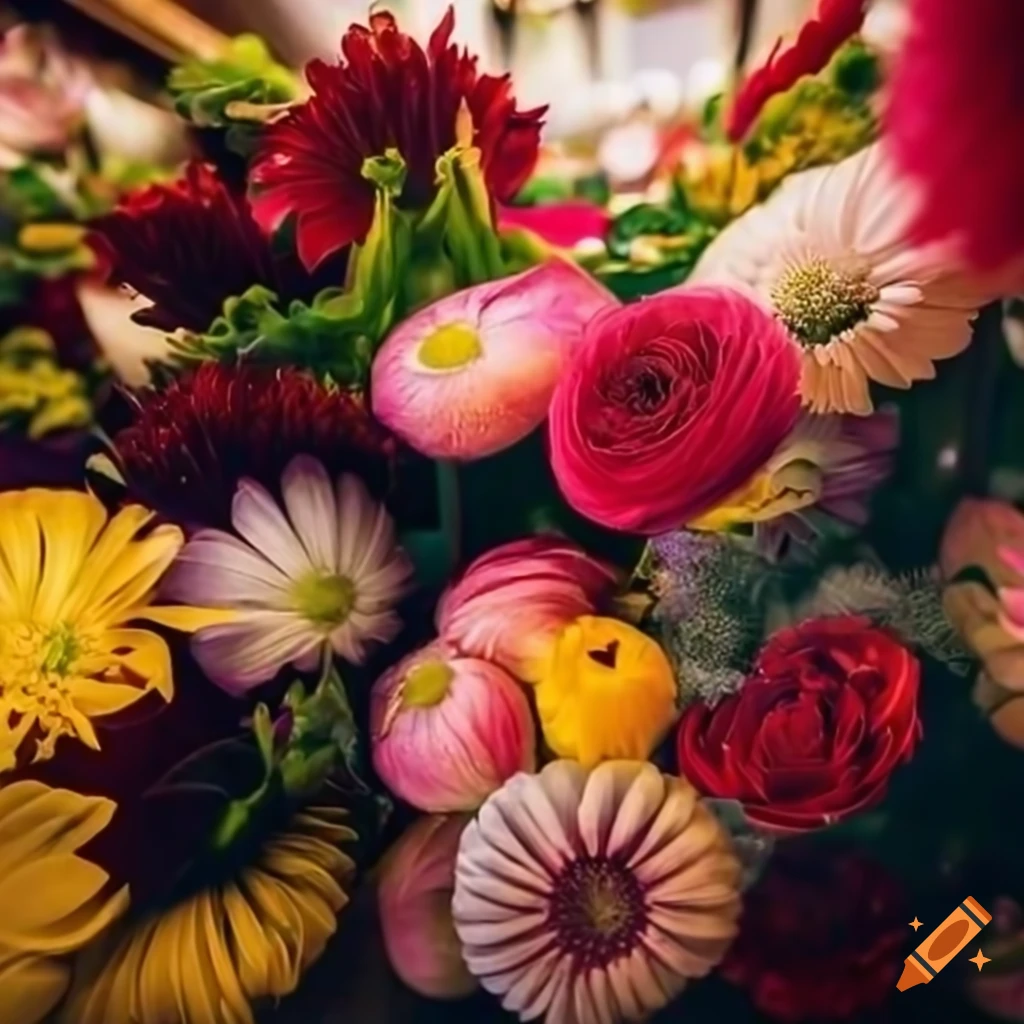 wide angle photo of a flower shop with blooming flowers