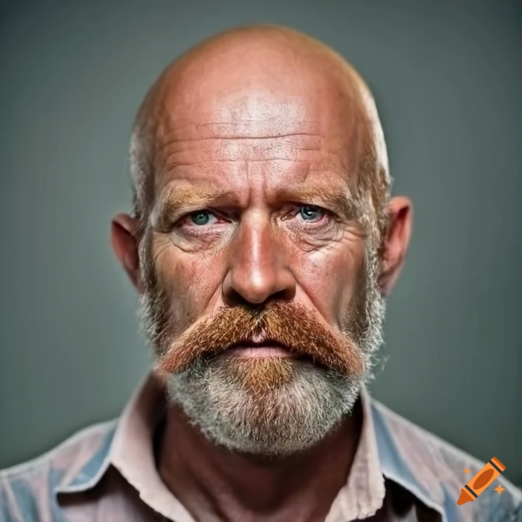 photorealistic portrait of a bald german man with a moustache