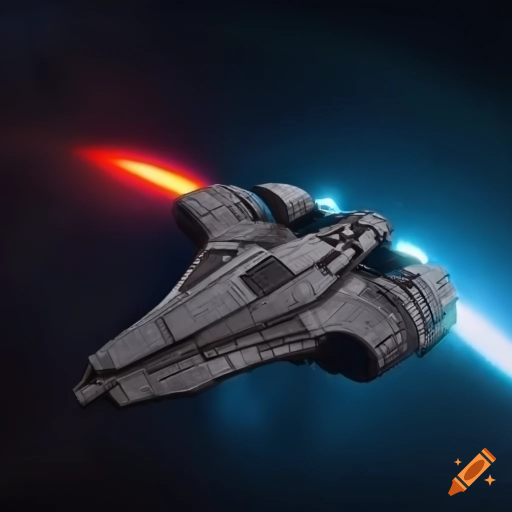 starship flying through space with trailing fire