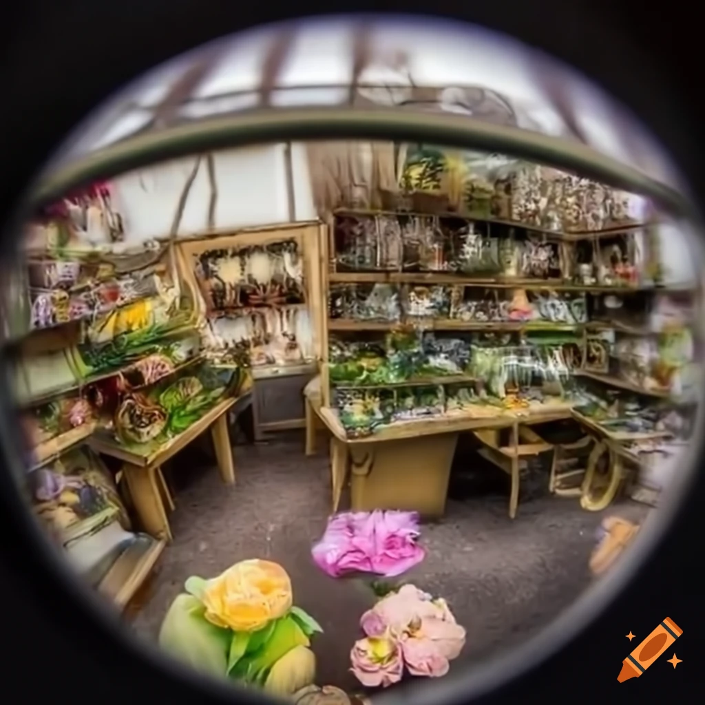 fisheye view of a 1920s flower shop