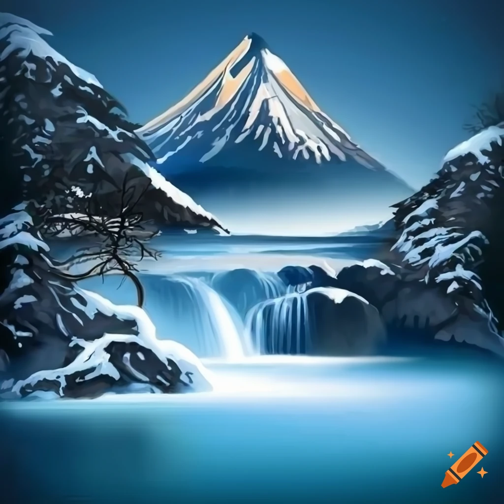 calligraphy-style winter scene with a temple and stream