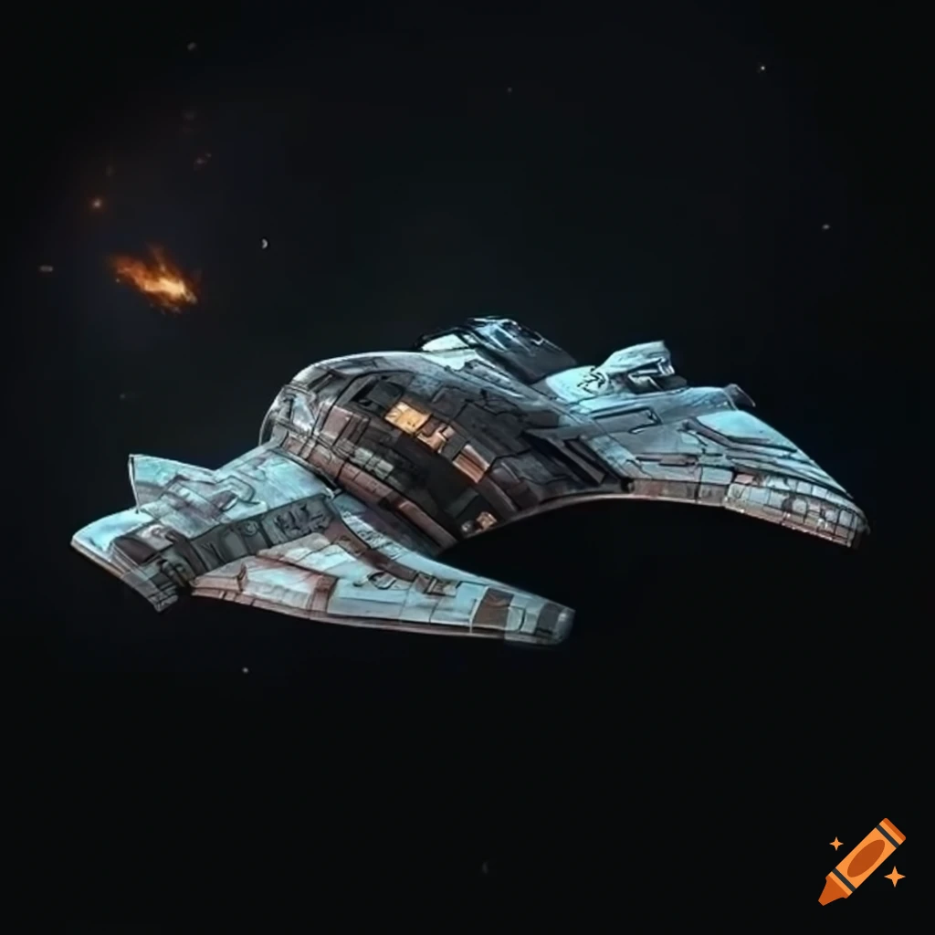 starship flying through space with fire behind