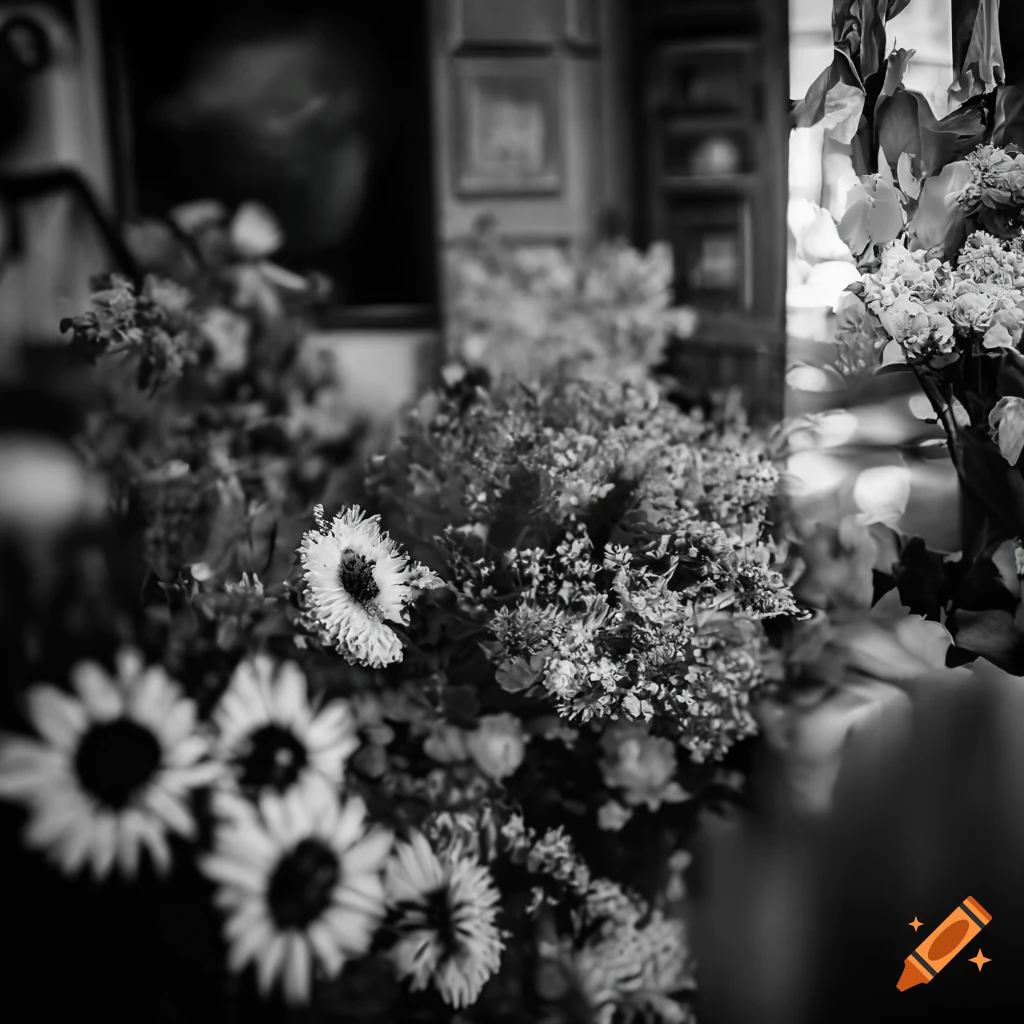 wide angle black and white photo of a flower shop