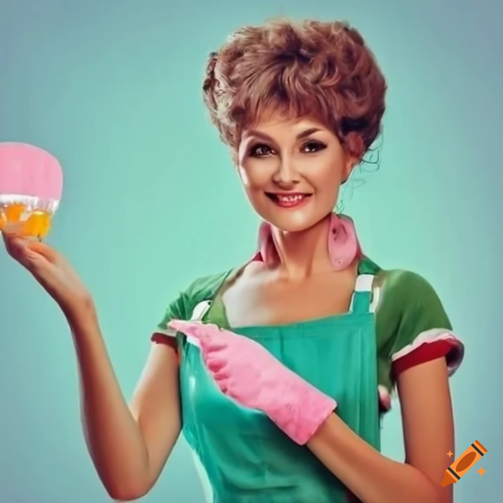retro housewife showcasing a product