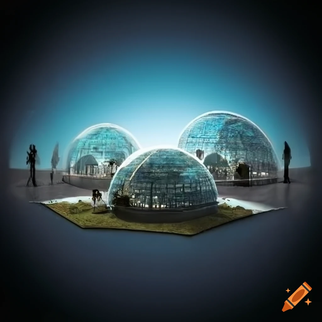 futuristic city with sustainable structures and transparent domes