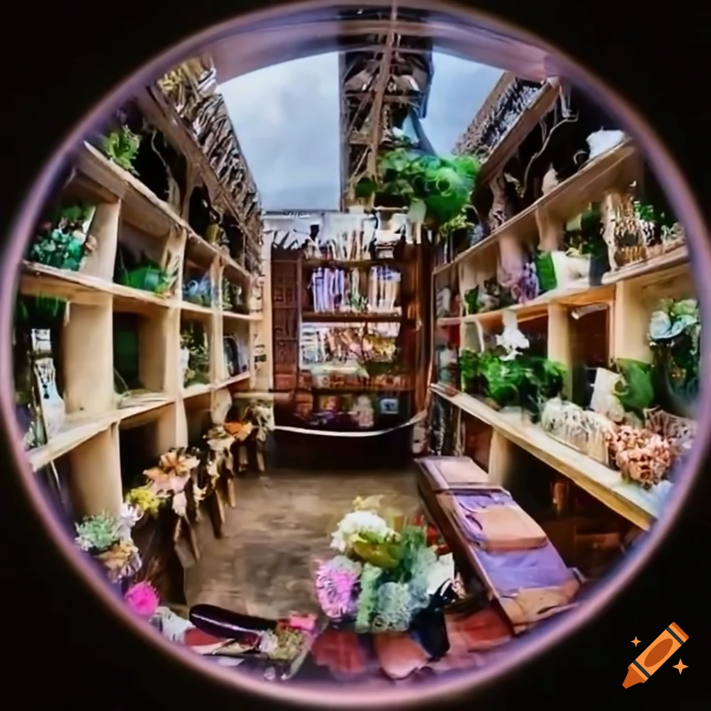 vintage fisheye view of a 1920s flower shop