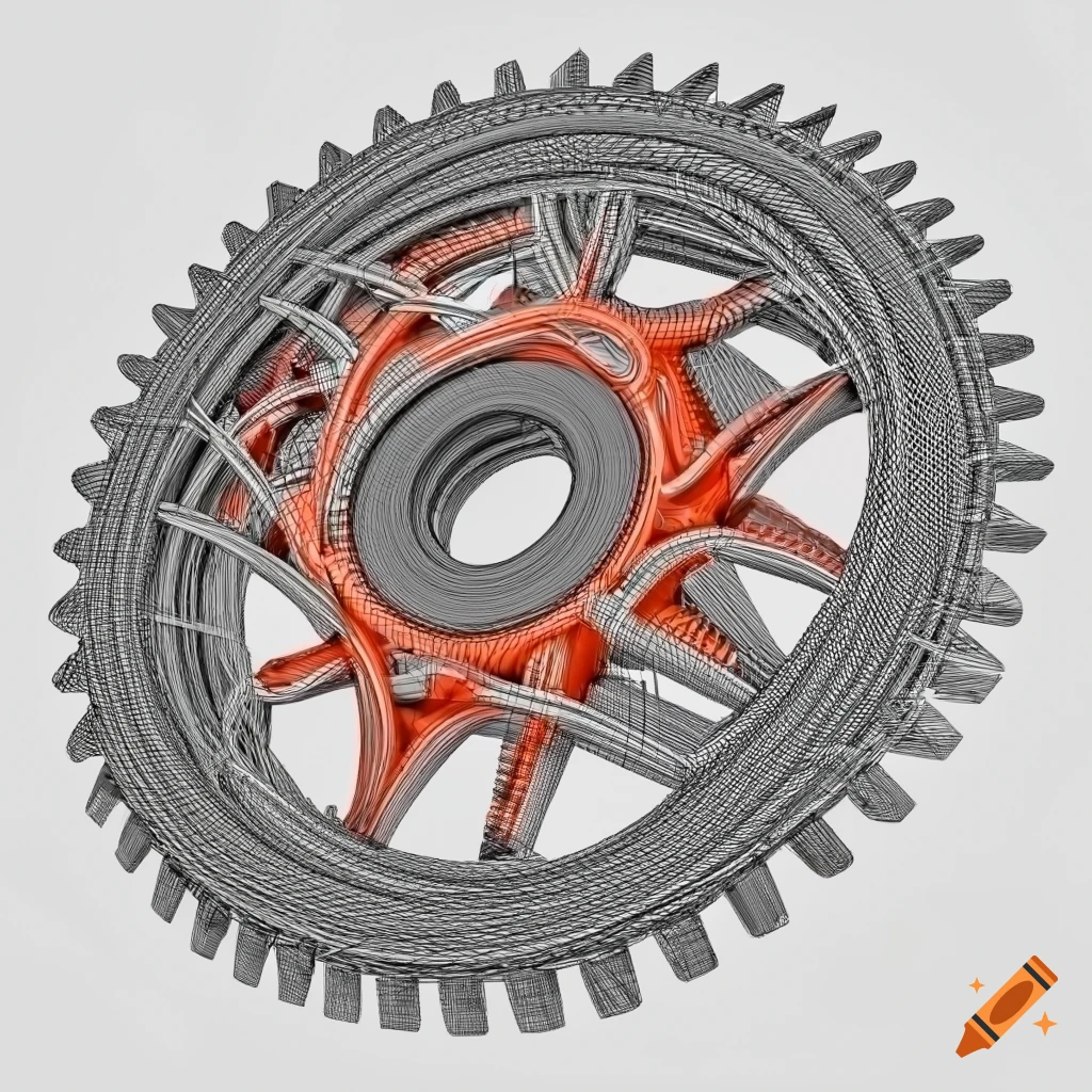 3D wireframe representation of mechanical gears in steel gray and orange