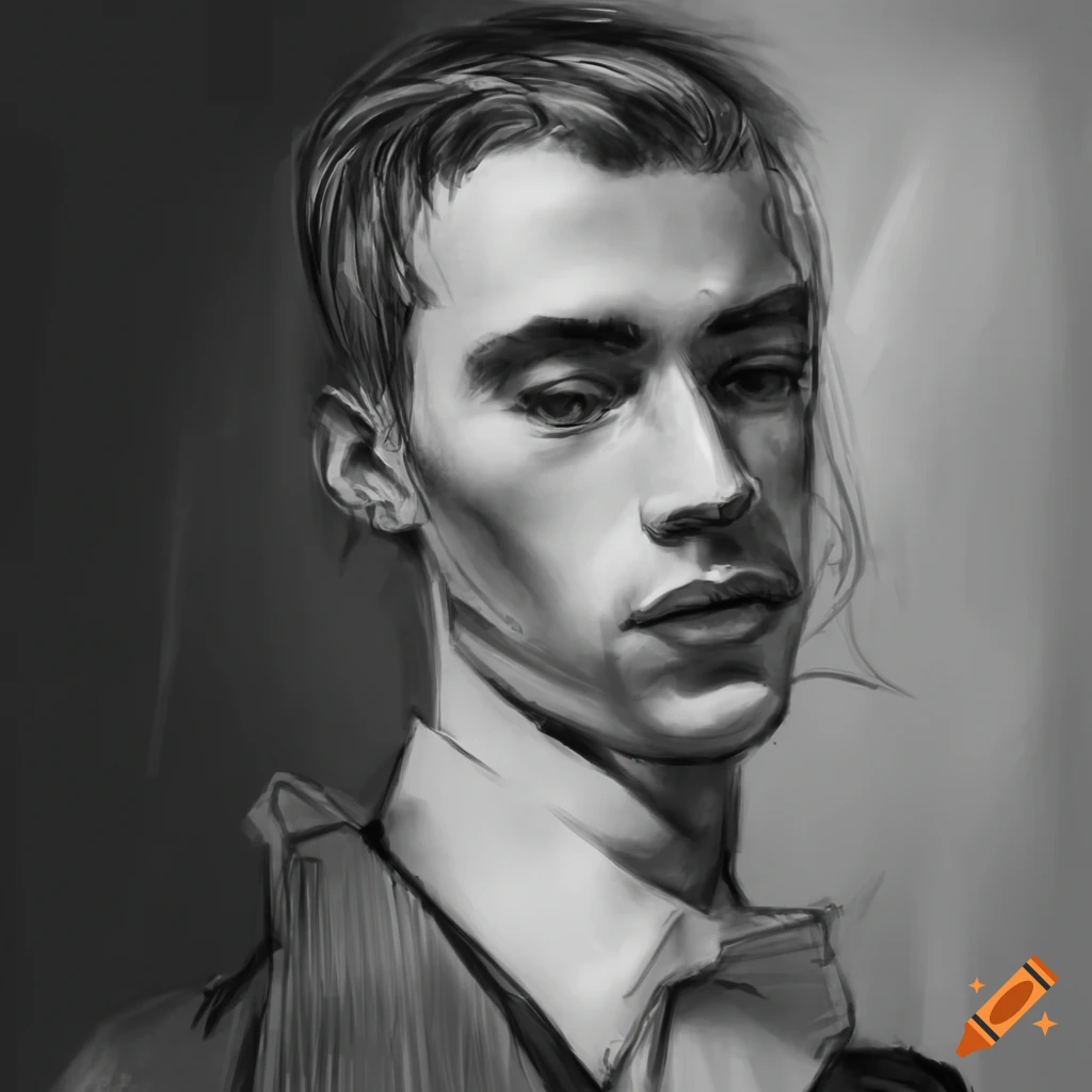 grayscale pencil drawing of men socializing at a bar
