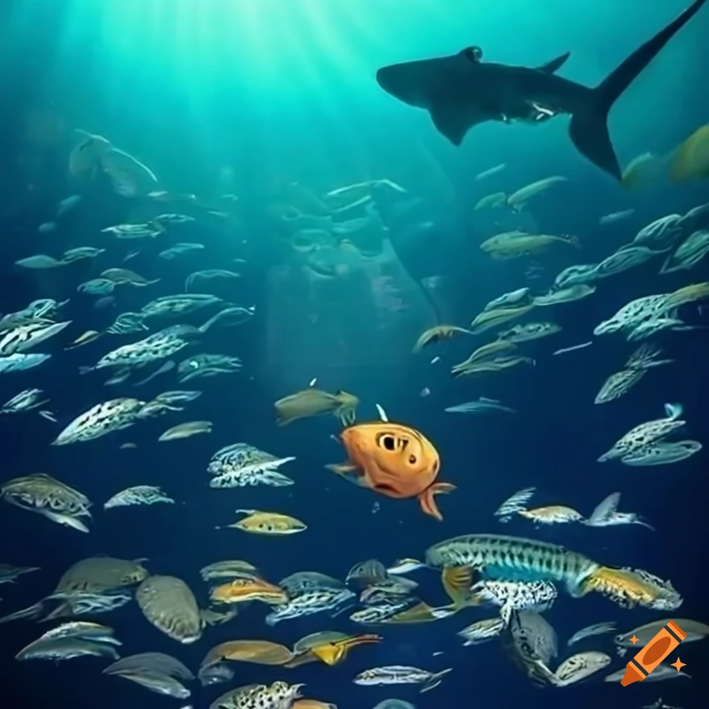 image of a space station underwater surrounded by fish and a shark