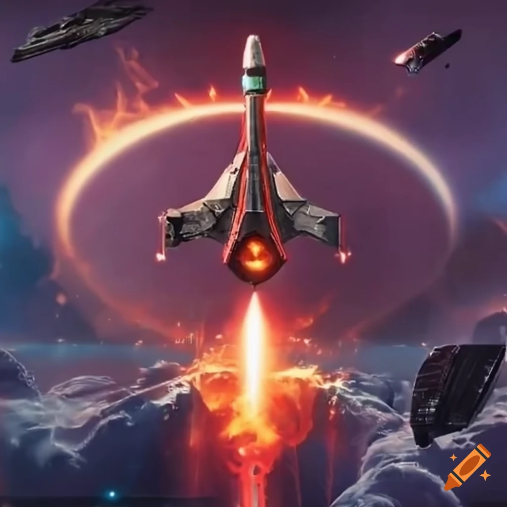 metallic starship flying through space with fire trailing behind