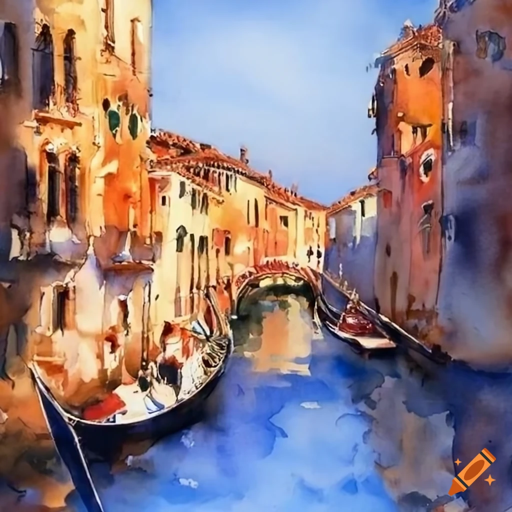 watercolor painting of gondola in Venice