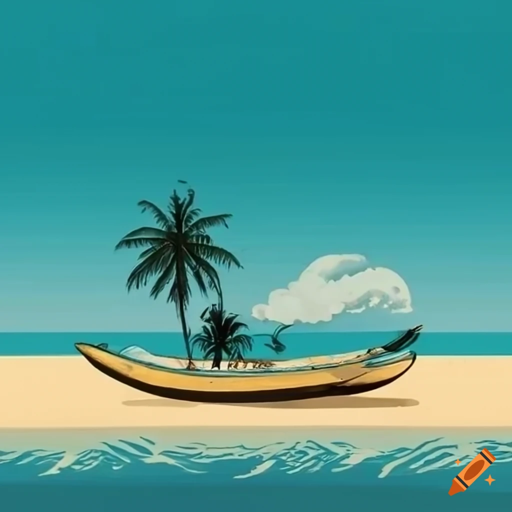 tattoo style design of a sandy beach with coconut tree and fish boat