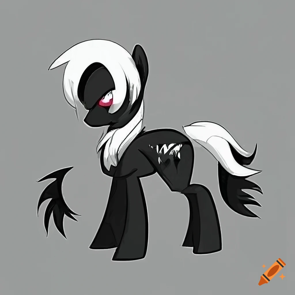animated cartoon style pony with black coat and white mane
