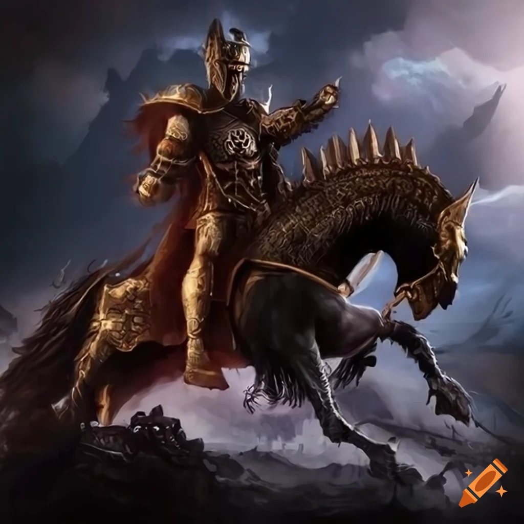 illustration of a king battling a black warhorse