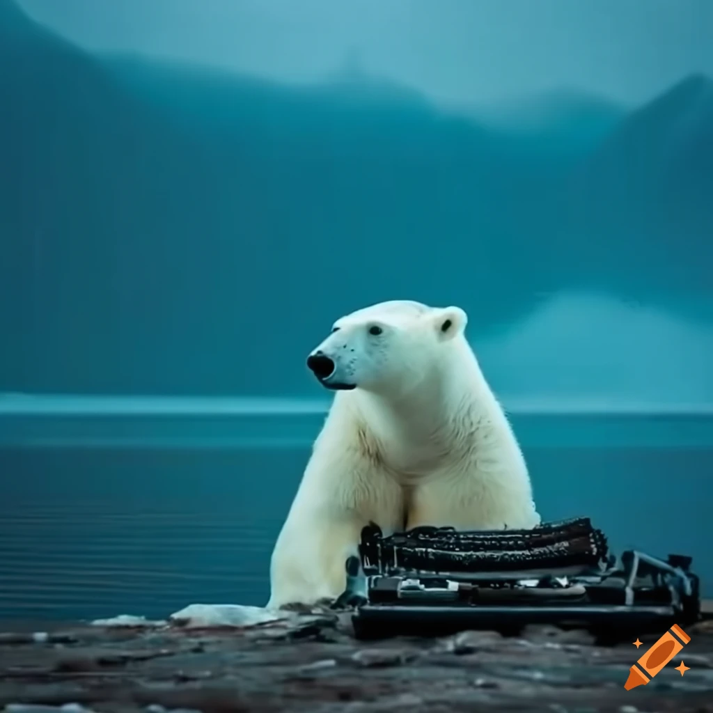 image of a polar bear with a typewriter in the arctic