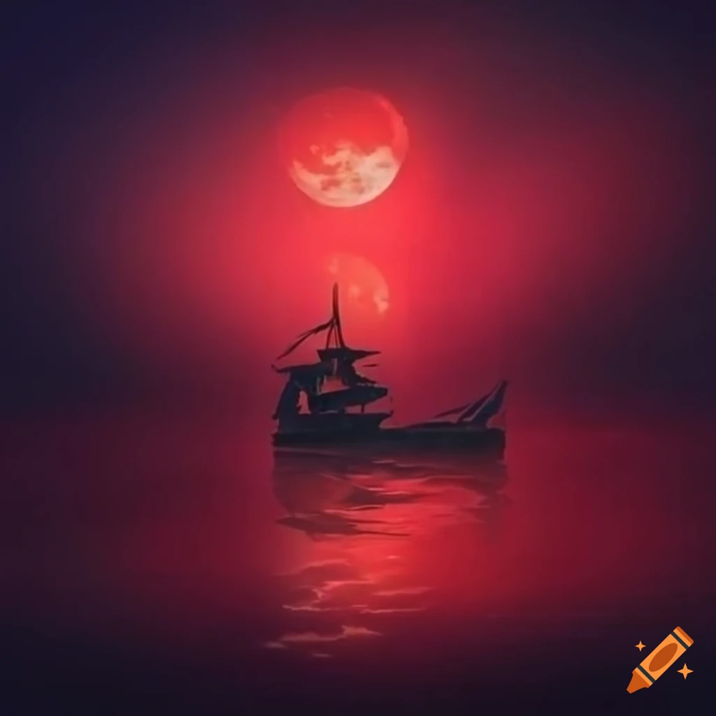 eerie red pirate ship under the full moon