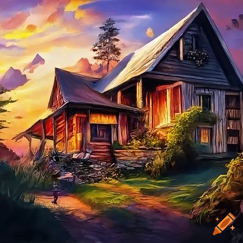 digital fantasy art of a colorful farmhouse