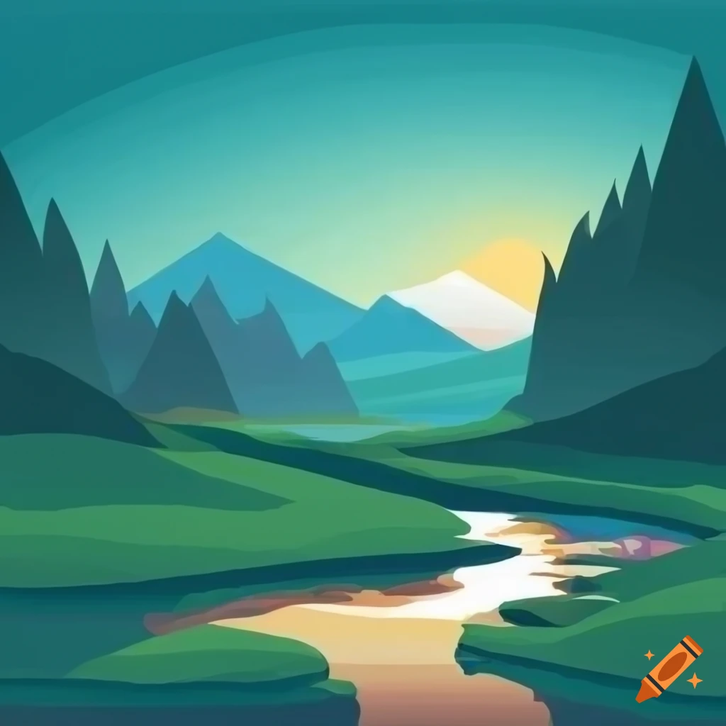 Vector illustration of a peaceful landscape with a stream on Craiyon