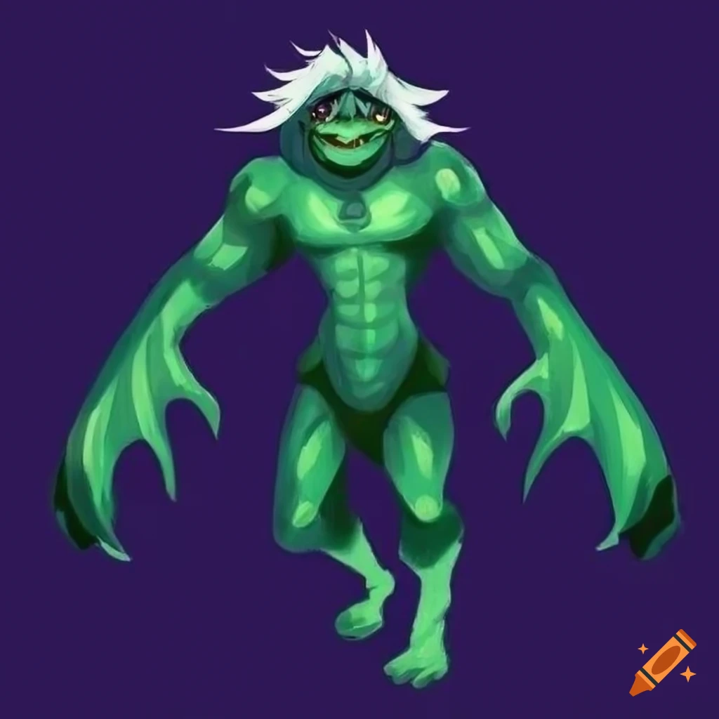 jade green humanoid creature with bright yellow eyes