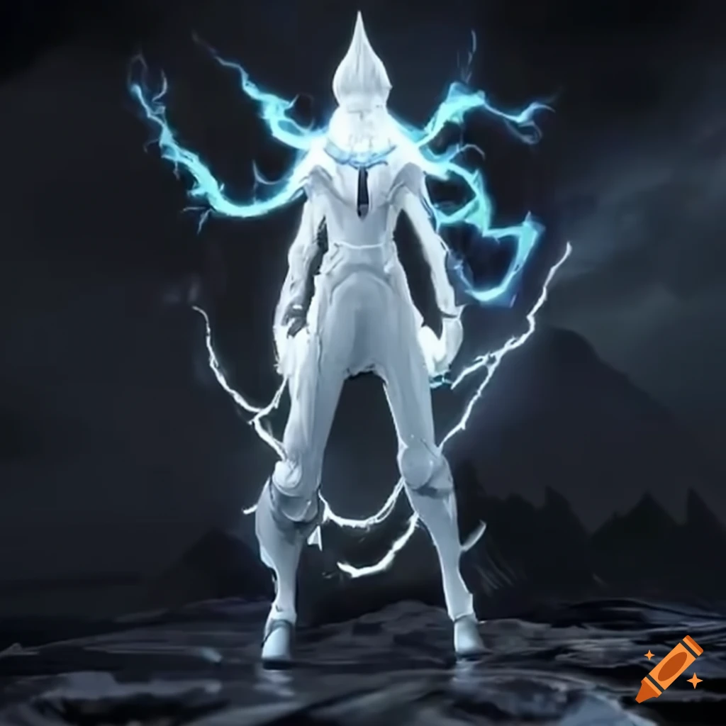 image of a white demonic android with a high-tech sword in a storm