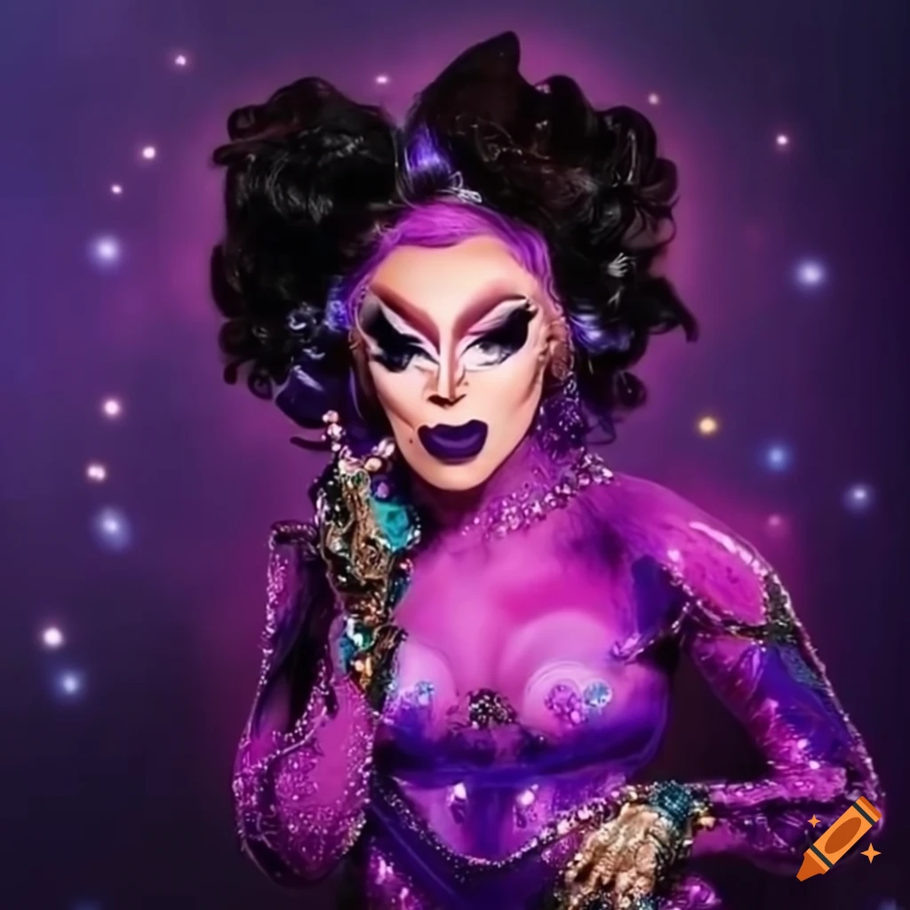 stunning drag queen with a purple nebula theme