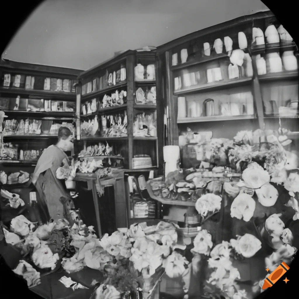 1920s fisheye photo of flowers in a shop