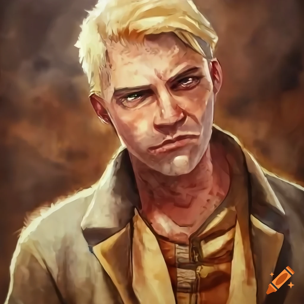 detailed realistic drawing of a badass blonde male wearing a sleeveless duster jacket in the Mojave desert
