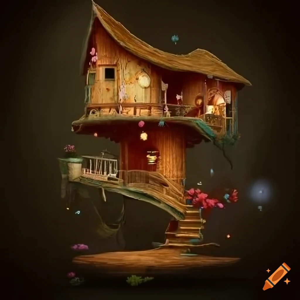 artwork of a whimsical treehouse in a magical forest