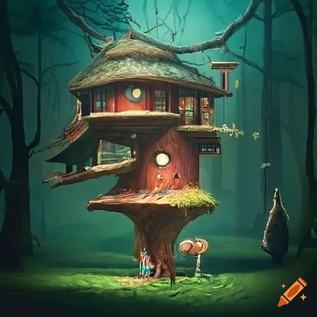 artwork of a whimsical treehouse in a magical forest